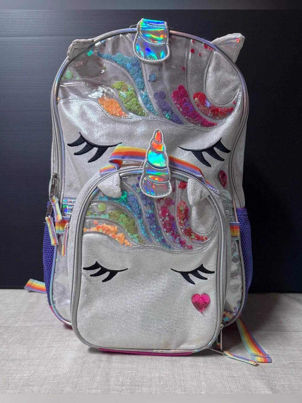 Silver Unicorn Sequin Kids Backpack with Rainbow Accents